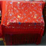 Chinese textiles: an early 20thC Chinese silk large embroidered Piano Shawl, the red ground