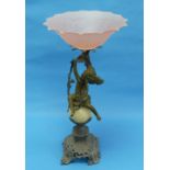 An early 20thC spelter Figural Centrepiece, comprising a pressed pink glass bowl, upon a patinated