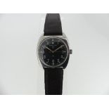 A 1970's Hamilton military issue stainless steel manual wind Wristwatch, the circular black dial