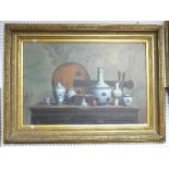 20th century School. Still life of blue and white pottery with guitar, oil on canvas, signed, 24in x