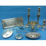 A quantity of Silver Plate, including a pair of cast candlesticks, 12in (30cm) high, an ice