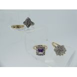 Three 9ct yellow gold Rings; one set white paste cluster, one sapphire and white paste, the other