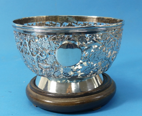 An Oriental circular silver bowl, pierced with birds amongst prunus, vacant cartouche, character - Image 2 of 9