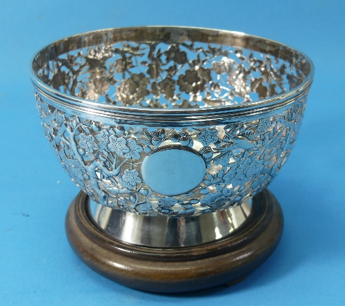 An Oriental circular silver bowl, pierced with birds amongst prunus, vacant cartouche, character - Image 3 of 9