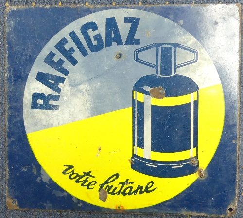 Vintage Signs; 'Raffigaz Butane Gas' a double-sided enamel advertising sign, with hanging flange,