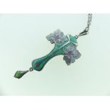 An Art Nouveau silver and enamel Pendant, in a stylised foliate design with green, turquoise and