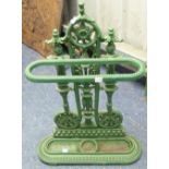 A green painted cast-iron Stick Stand, with decorative pierced back, rounded ends and inset drip