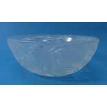 A Lalique 'Pinsons' pattern frosted and clear glass Bowl, decorated with finches and leaves,