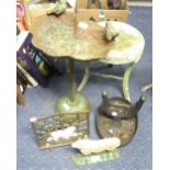 A vintage green painted cast-iron Bird Bath, in the form of two birds sat upon a large leaf,