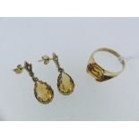 A pair of 9ct yellow gold drop Earrings, set with a tear drop shaped citrine, together with a 9ct