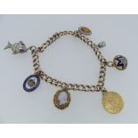 A 9ct rose gold open link Bracelet, suspended with a ½Pound, dated 1895, a small enamel and