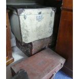 Vintage Luggage: a leather-bound cube shaped Trunk, together with a leather suitcase, another