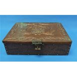 An Arts & Crafts Newlyn School repoussé copper Work Box, of rectangular form with hinged lid and