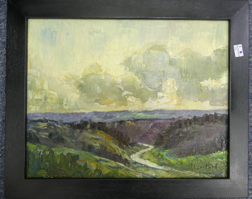 In the manner of Kyffin Williams (1918-2006), Landscape with valley and mountains, oil on canvas,