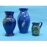 A Brannam-ware ovoid Vase, with a heron decoration on blue colouration, 'T.C. C. H. Brannam Ltd'