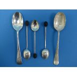 A quantity of silver Flatware, including three fiddle pattern dessert spoons, two forks, coffee bean