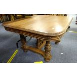 An antique Continental oak Coffee Table, on a trestle table base, with turned legs and supports,