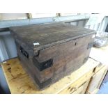 An antique oak brass bound Tuck Box, with locking catch, 21in (53cm) wide x 15in (38cm) deep x