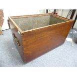 A 19thC mahogany lead lined Crate, possible a wine cooler / ice box, with leather carry handles on