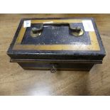 An antique decorated metal Strong Box, stamped 'Milner's' on the handle and lock, with a key, 18½