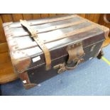 Vintage Luggage; A wooden-bound leather Trunk, with carry handles either side of trunk and a central
