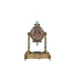 A CHINESE STYLE GILT METAL, PEARL AND SEMI PRECIOUS STONE MOUNTED MUSICAL TABLE CLOCK