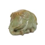 A CHINESE CELADON JADE 'ELEPHANT' CARVING.