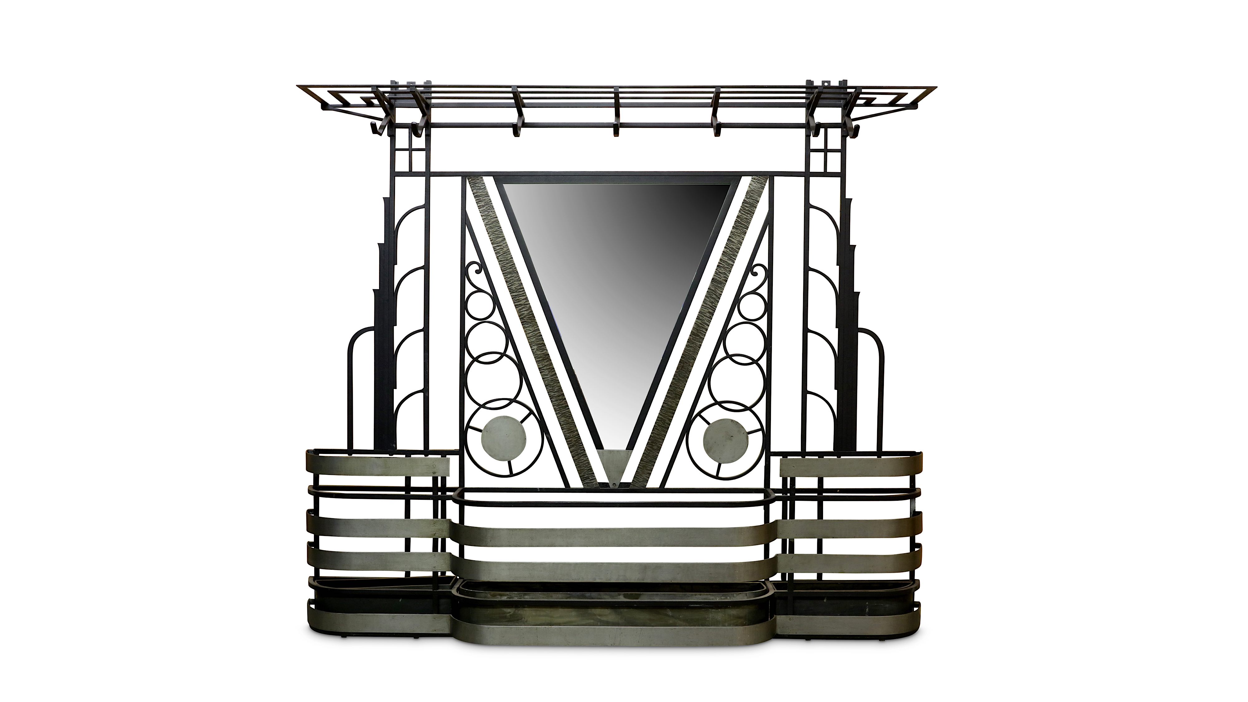 A RARE 1930'S FRENCH ART DECO PAINTED AND SILVERED METAL MIRRORED HALL STAND