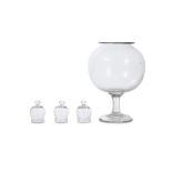 AN EARLY 20TH CENTURY GLASS LEECH JAR, AND THREE GLASS CUPPING JARS