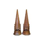 A VERY LARGE PAIR OF LATE 19TH CENTURY FLOOR STANDING OAK OBELISKS