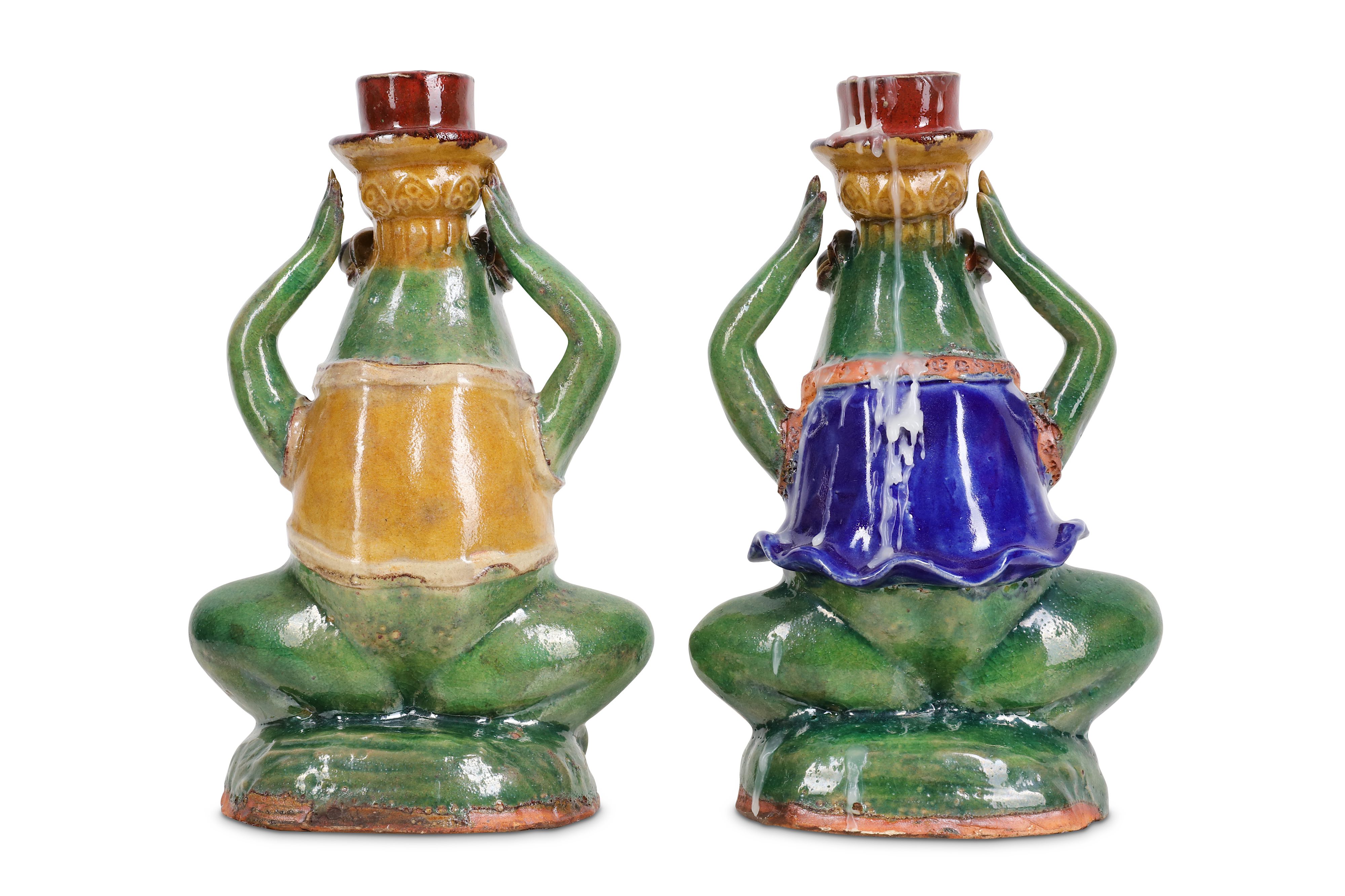 A PAIR OF 20TH CENTURY JAPANESE GLAZED CERAMIC CANDLESTICKS MODELLED AS FROGS - Image 2 of 2