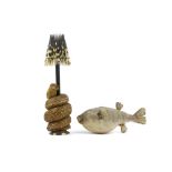 AN UNUSUAL LAMP DECORATED WITH A TAXIDERMY PYTHON TOGETHER WITH A TAXIDERMY PUFFER FISH