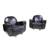 A FINE PAIR OF ART DECO PERIOD CLUB ARMCHAIRS IN DISTRESSED LEATHER