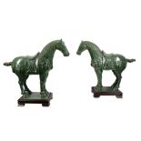 A PAIR OF LARGE CHINESE SPINACH-GREEN HORSES.