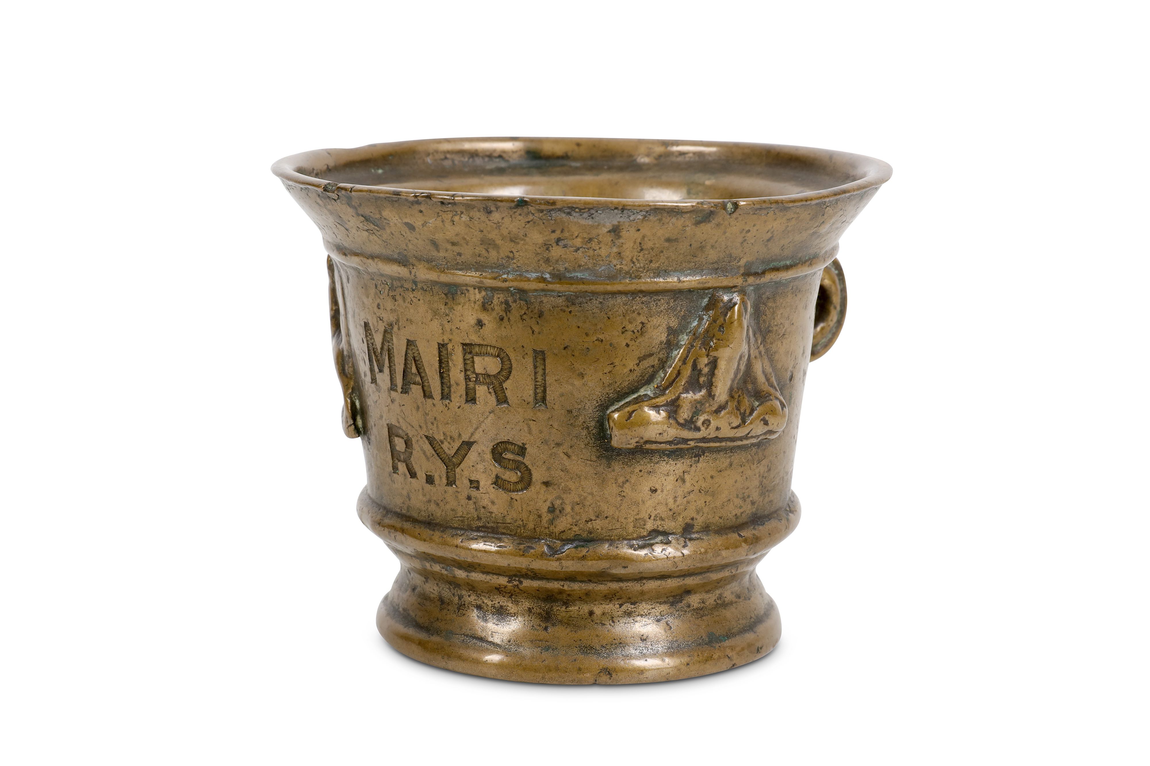 AN EARLY BRONZE MORTAR, LATER ENGRAVED 'MAIRI R.Y.S'