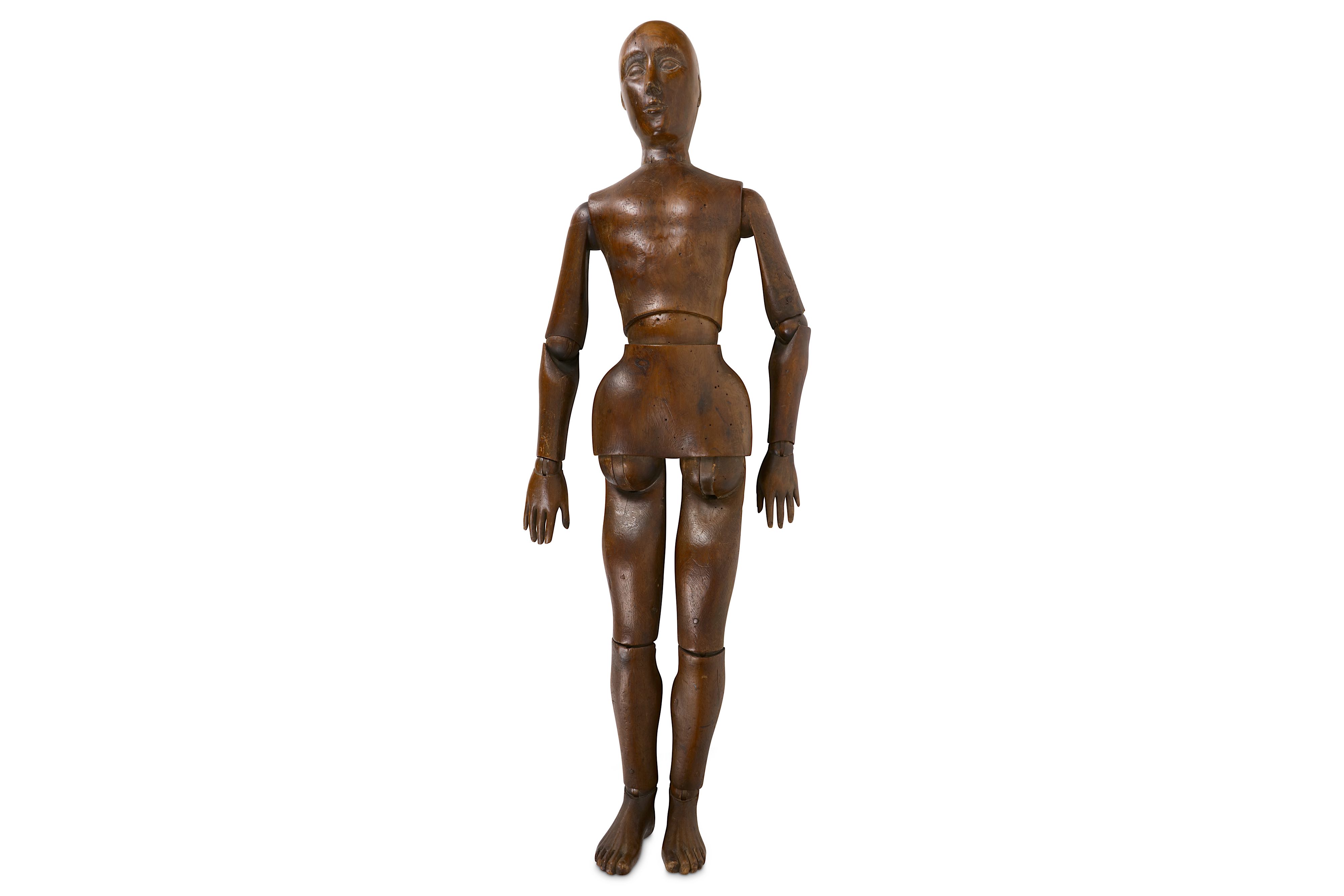 AN EARLY 20TH CENTURY CARVED AND STAINED WOOD LAY FIGURE OR ARTIST'S MANNEQUIN - Image 2 of 4