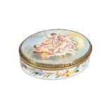 AN EARLY 19TH CENTURY FRENCH ENAMEL AND SILVER GILT EROTIC SNUFF BOX