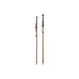 TWO ALPINE HORN, BRASS AND AGATE MOUNTED CLIMBING STICKS BY THE BERGARA FAMILY
