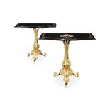 NOBLE PROVENANCE: A PAIR OF MID 19TH CENTURY ENGLISH GILT CAST IRON CONSOLE TABLES WITH PIETRE DURE