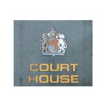 A 1960'S GRANITE COURT HOUSE SIGN WITH PAINTED METAL ROYAL COAT OF ARMS