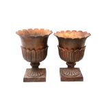 A pair of cast iron urn form planters, on square bases, height 38cm x diameter 30cm.