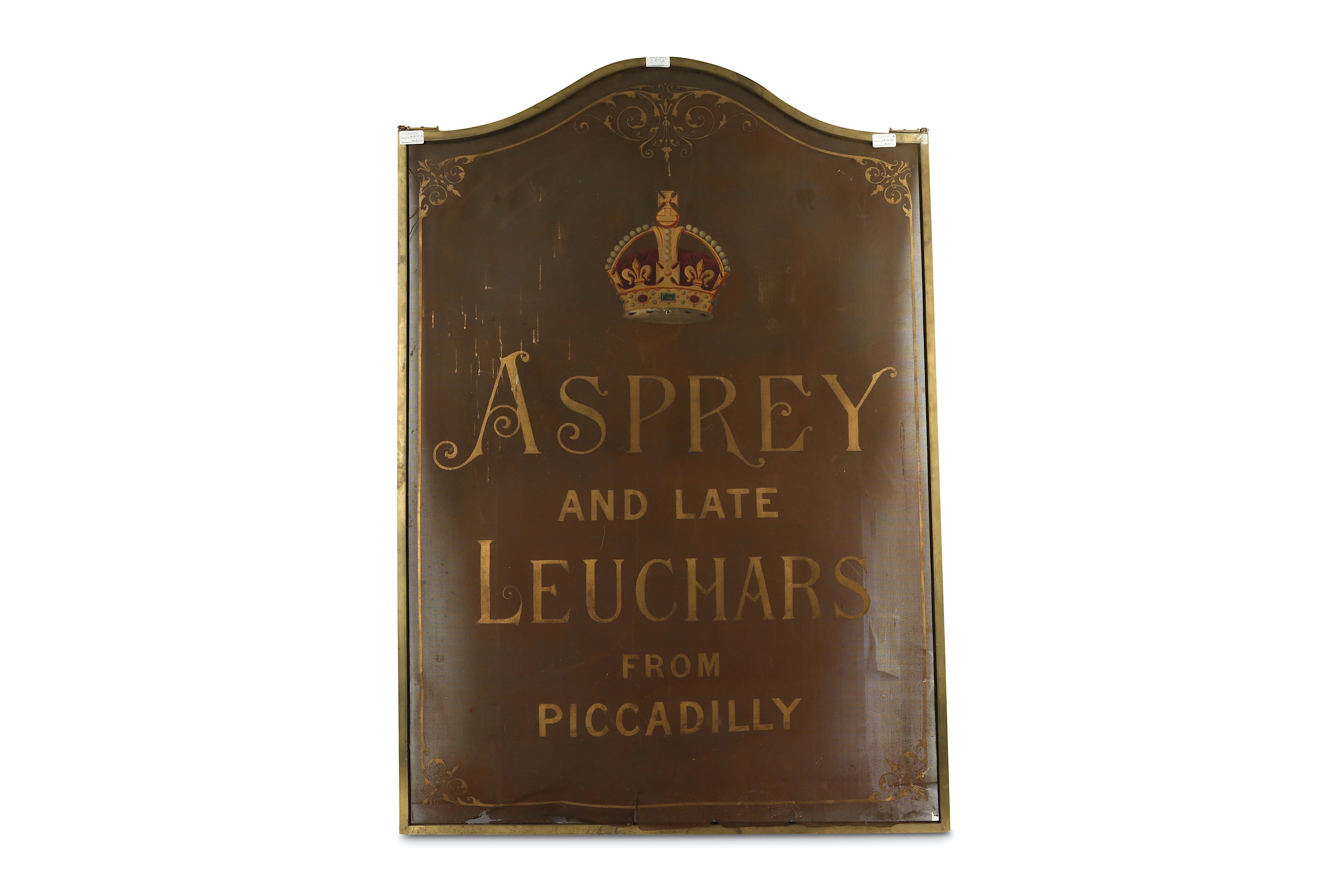 A early 20th century Asprey Sign, painted and gilded on a mesh backing within a bronze frame, the