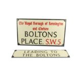 Two Royal Borough of Kensington enamel signs,  "Bolton Place, SW5 " 81cm x 46cm and "Leading to