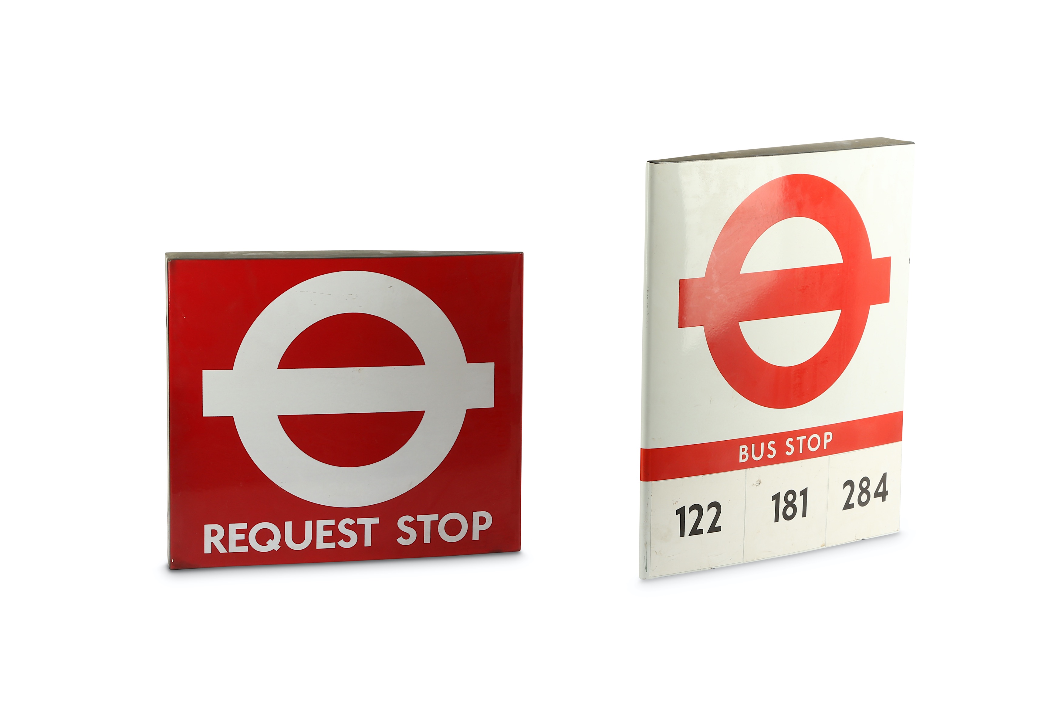 Two enamel double sided London Transport bus stop signs, maker Burnham London 'Request Stop' and Bus - Image 4 of 4
