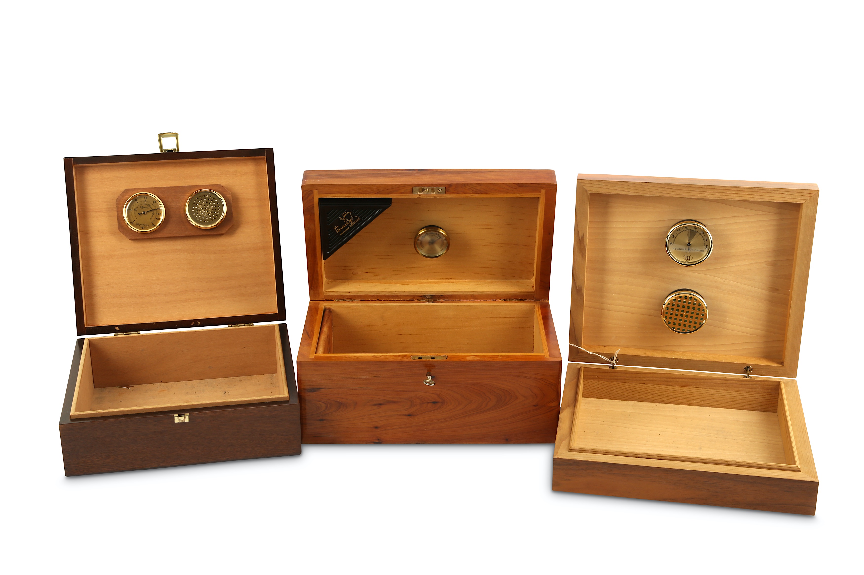 A mid to late 20th century yew veneered humidor with cedar wood interior and key, along with two - Image 4 of 4