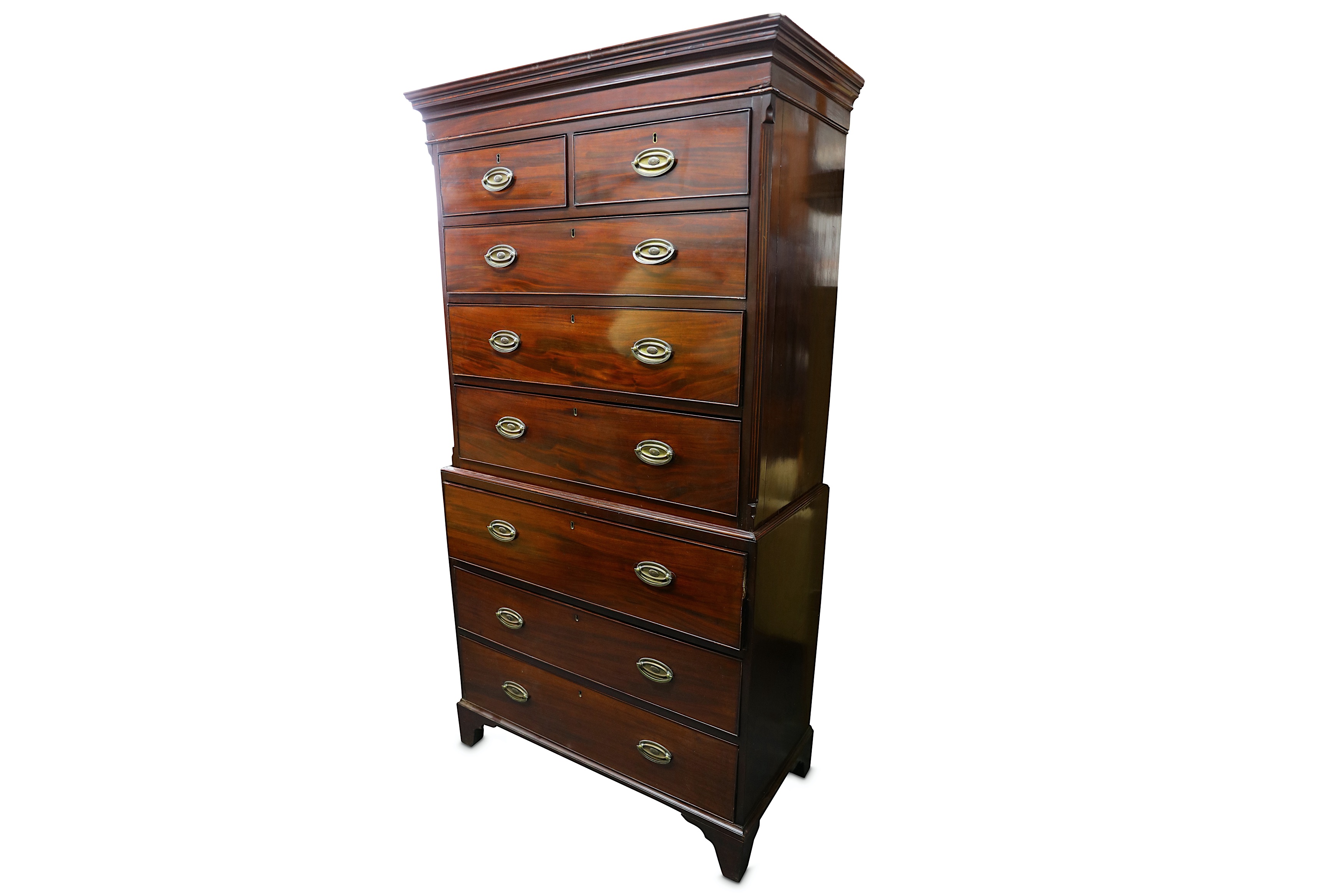 A George III mahogany secretaire chest on chest with inlaid canted corners, two short over three