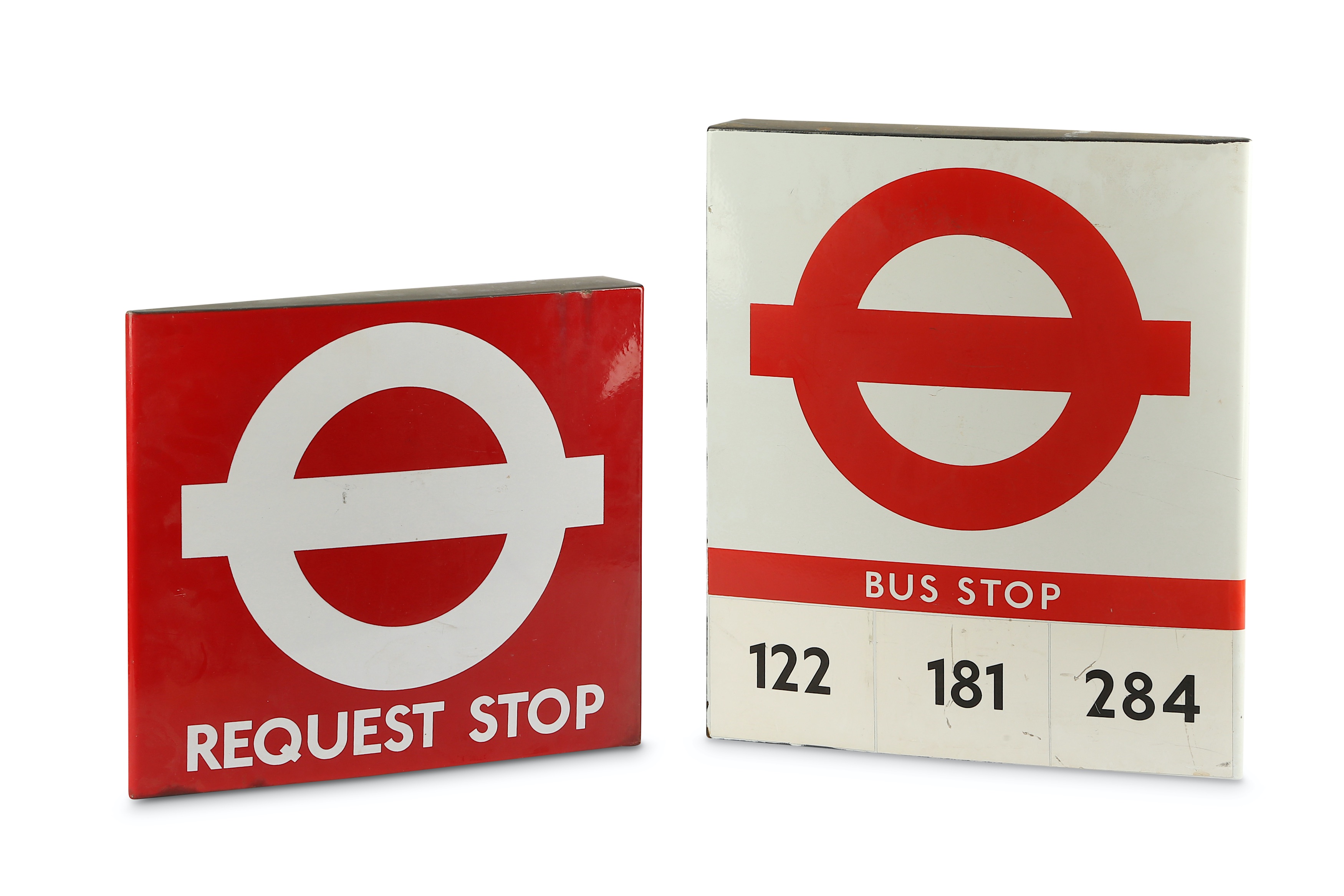 Two enamel double sided London Transport bus stop signs, maker Burnham London 'Request Stop' and Bus