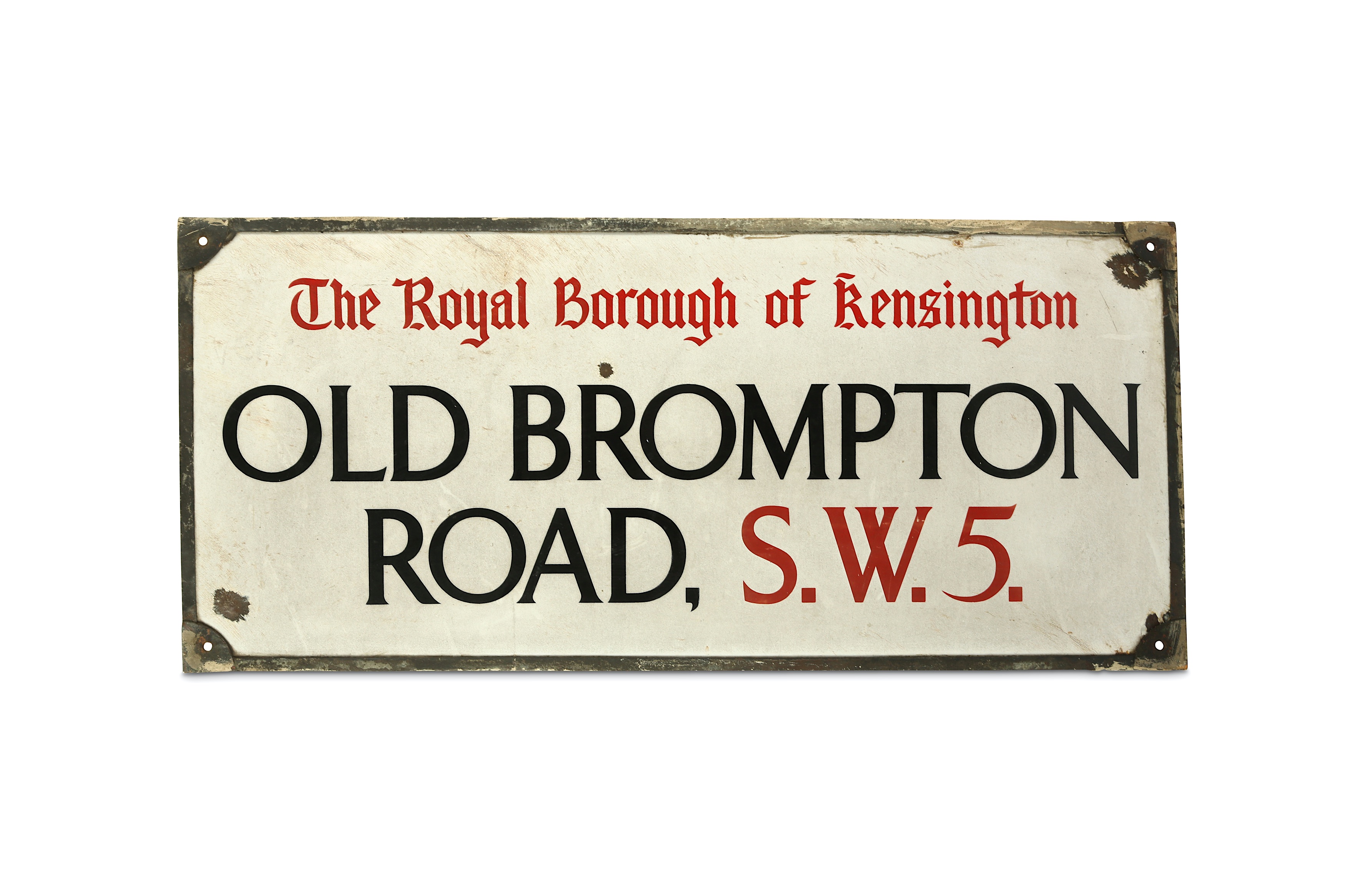 A Royal Borough of Kensington enamel sign, 'Old Brompton Road S.W.5'  92cm x 42cm within a lead