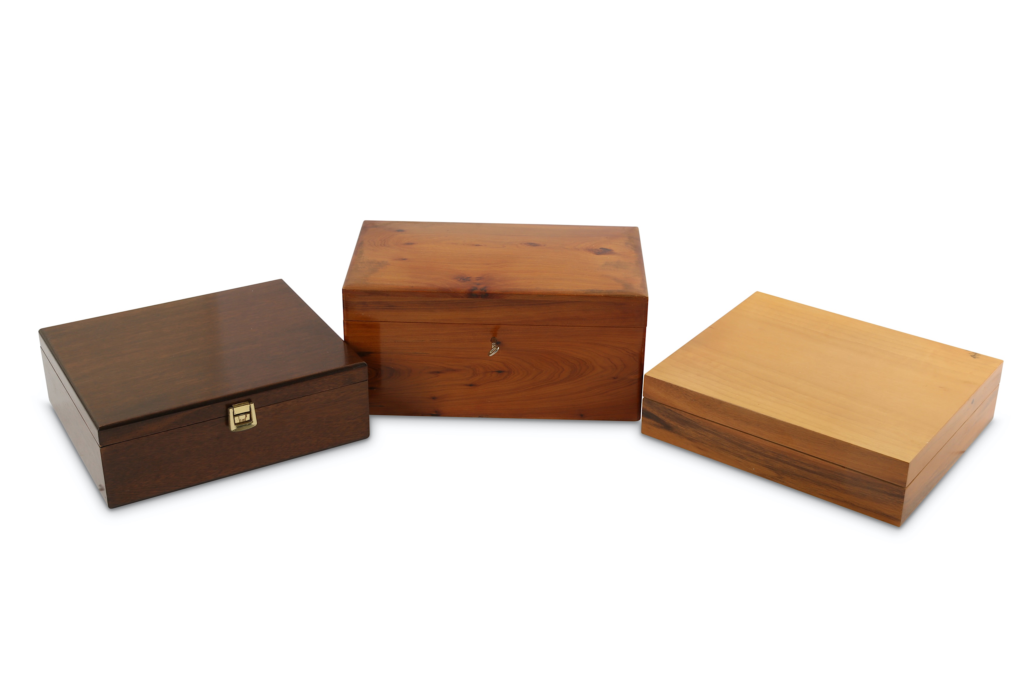 A mid to late 20th century yew veneered humidor with cedar wood interior and key, along with two