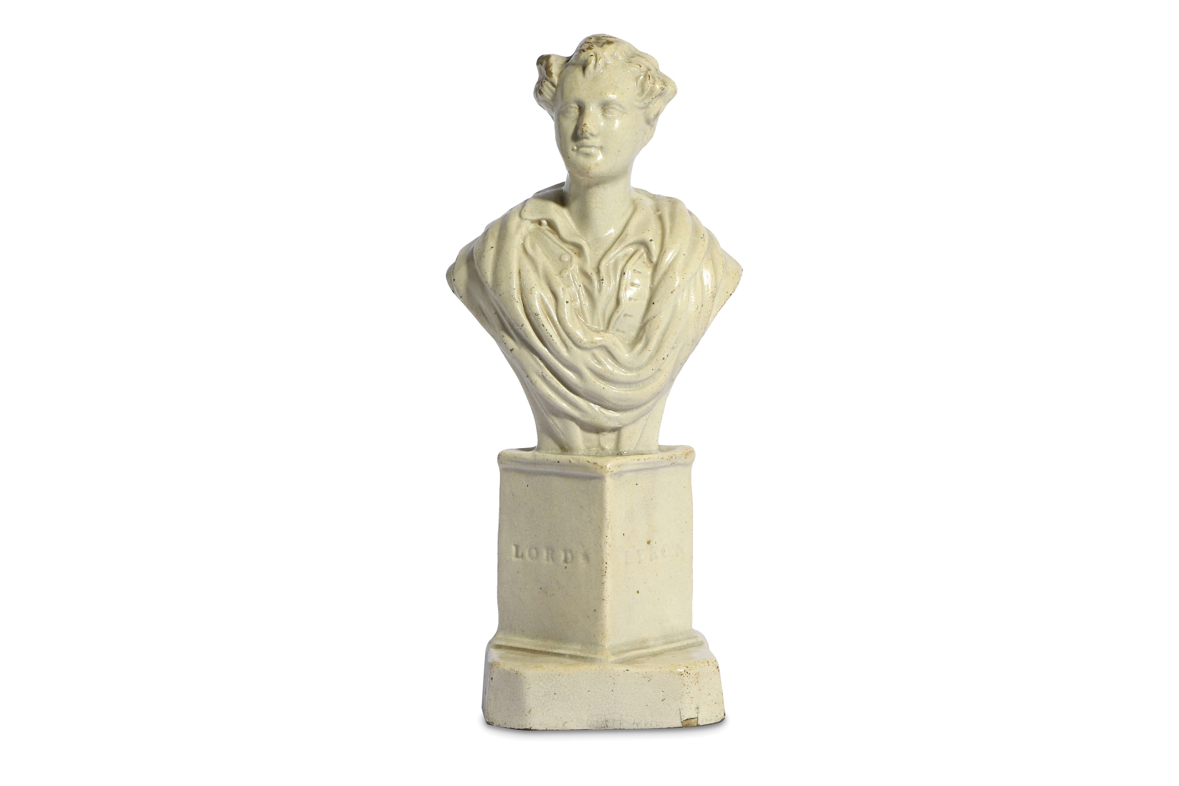 AN EARLY STAFFORDSHIRE WHITE GLAZED POTTERY BUST OF LORD BYRON